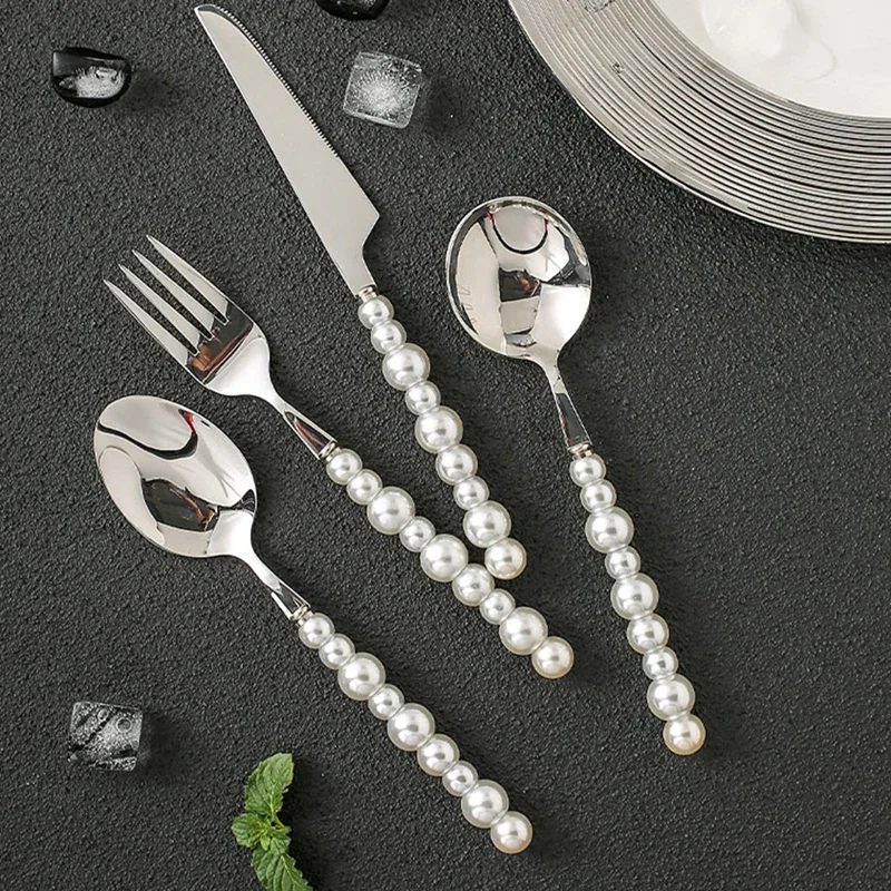 1PC Pearl Cutlery Set Western 18/10 Stainless Steel Tableware Wedding Diamond Inlaid Dinnerware Knife Fork Spoon Gift