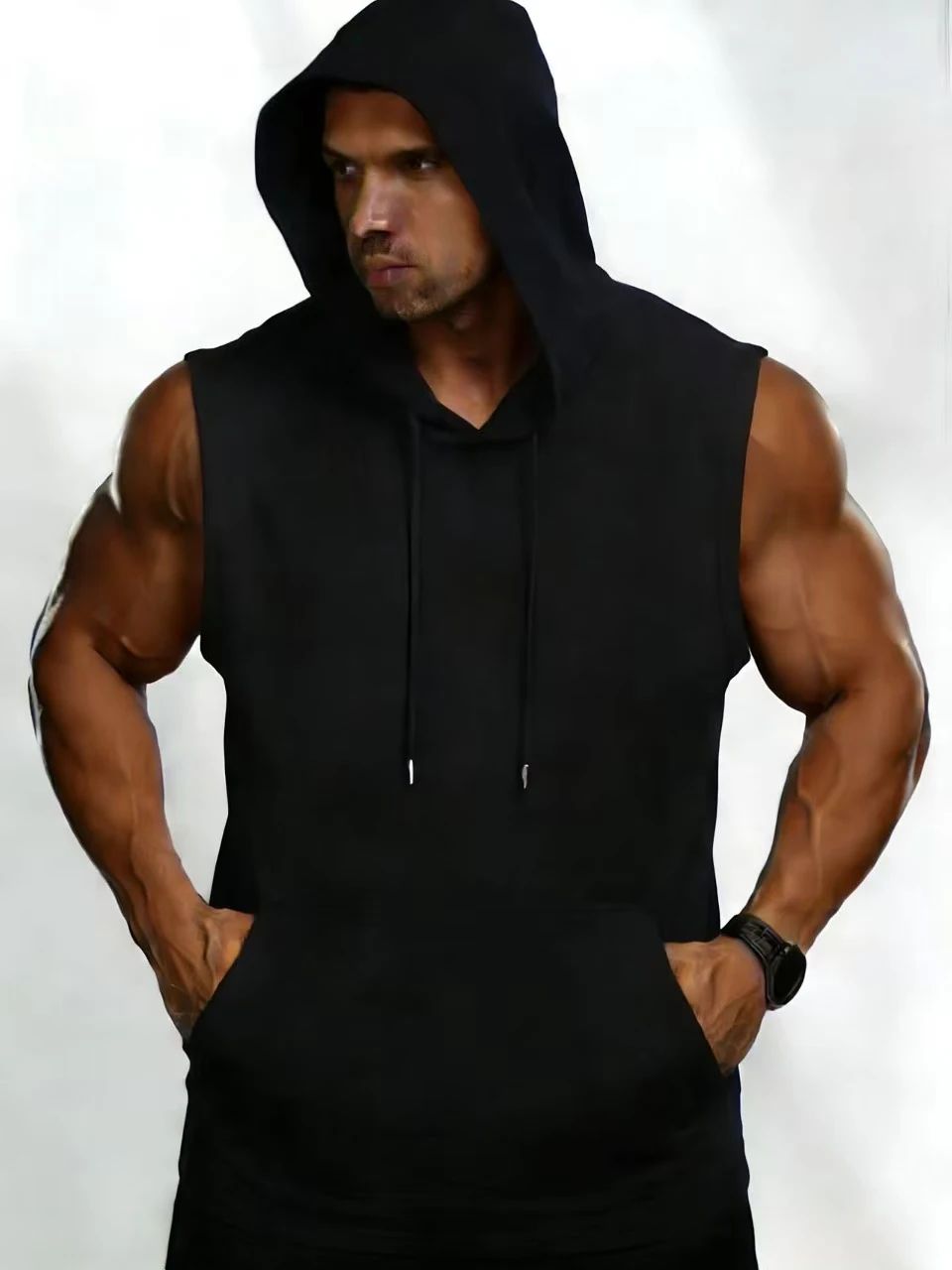 2026 Sommer Herren Einfarbig Weiße Ärmellose Kapuzenweste, Polyester Fitness-Workout Kapuzen-Tanktop mit Kängurutasche – Detail 5
