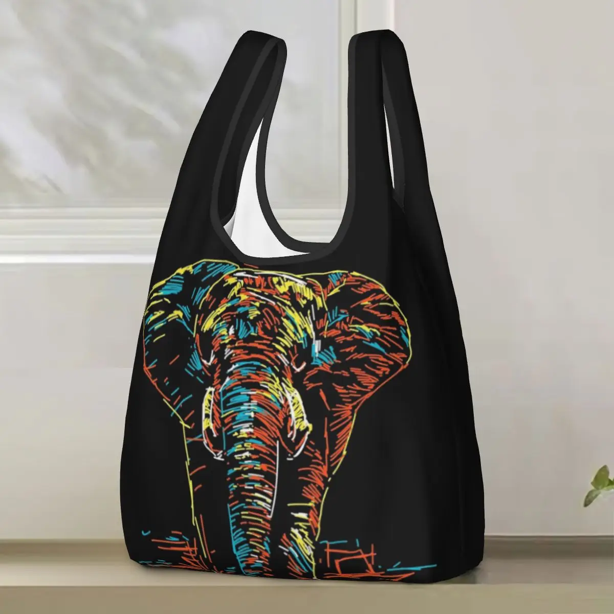 

Красочная абстрактная неоновая иллюстрация слона, сумка для покупок, портативные сумки-тоут, многоразовая сумка-шоппер на плечо, продуктовая сумка