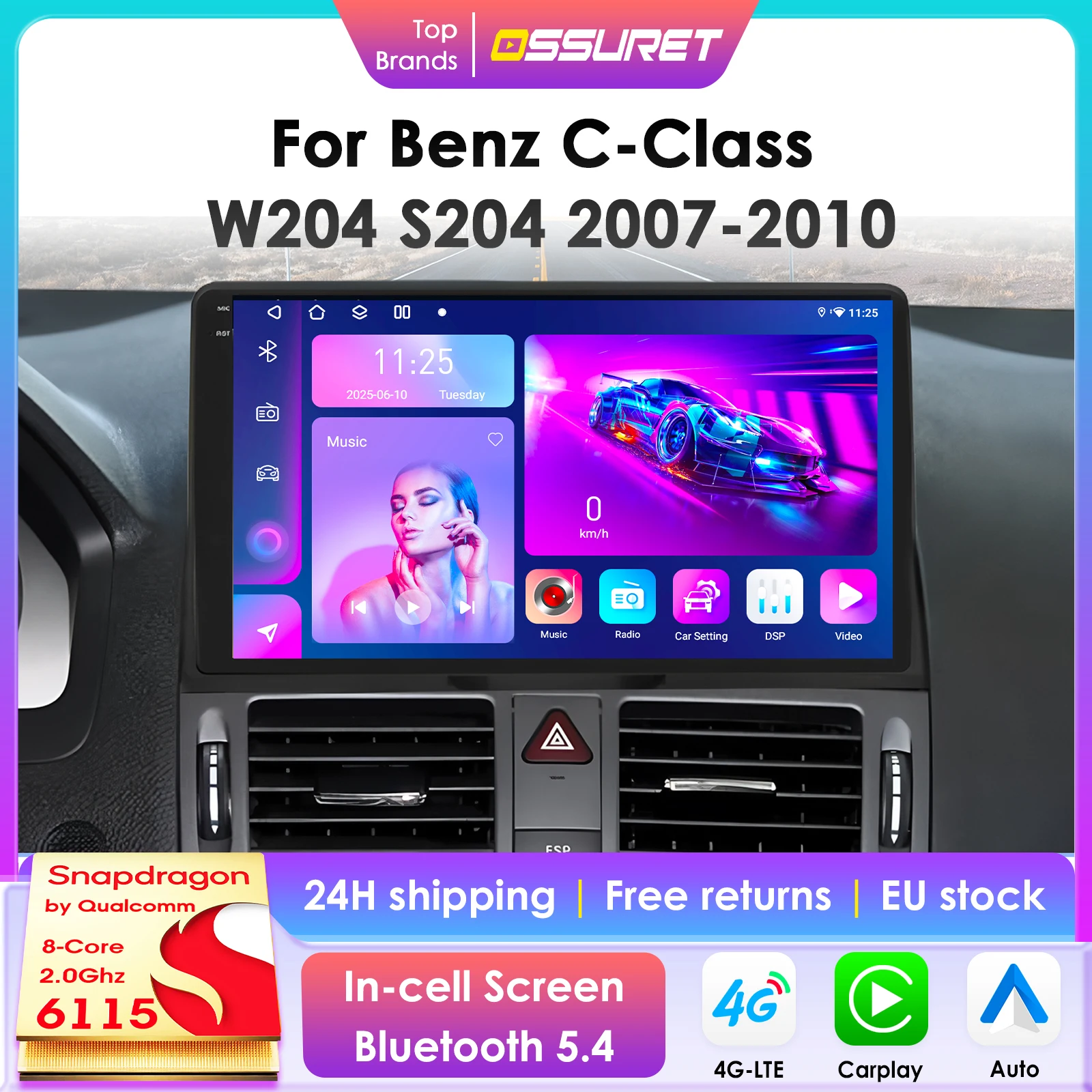 9'' CarPlay Android Auto Autoradio für Mercedes Benz W204 C-Klasse S204 2007-2010 GPS Multimedia Stereo Touchscreen 360°-Kamera 6115