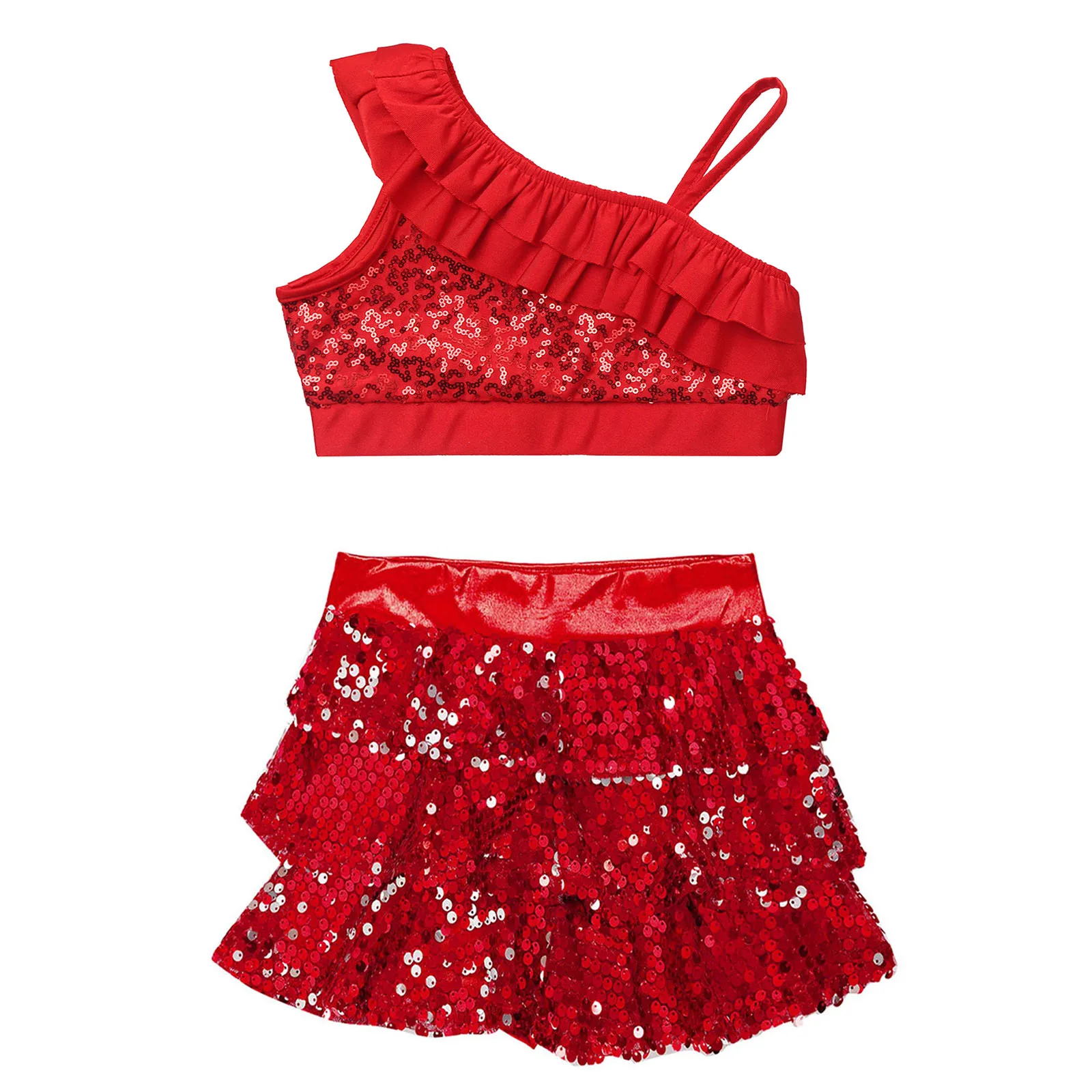 Kids Girls paillettes Hip Hop Jazz Dance Performance Outfit Top corto senza maniche con Culottes a più livelli per lo spettacolo della festa della scuola di carnevale