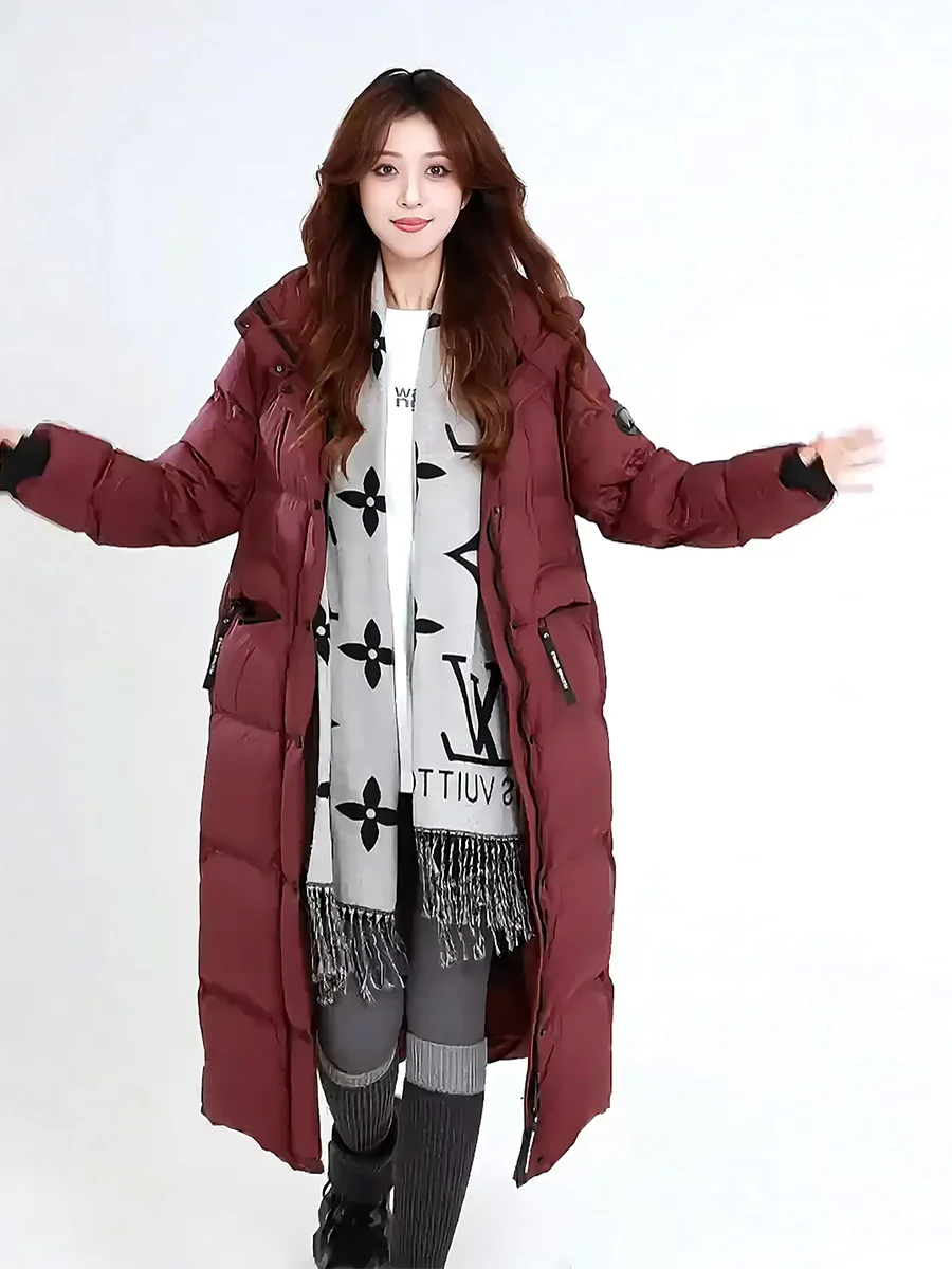 레드 다운 자켓 여성용 겨울 패셔너블 후드 스탠드 칼라 롱 브레드 슬레 코트 따뜻한 캐주얼 슬레 여성 코트