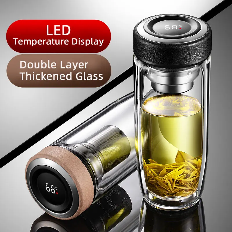 

Leather Grain Lid Double Borosilicate Glass Goose Egg Water Cup With Tea Partition Intelligent Temperature Display