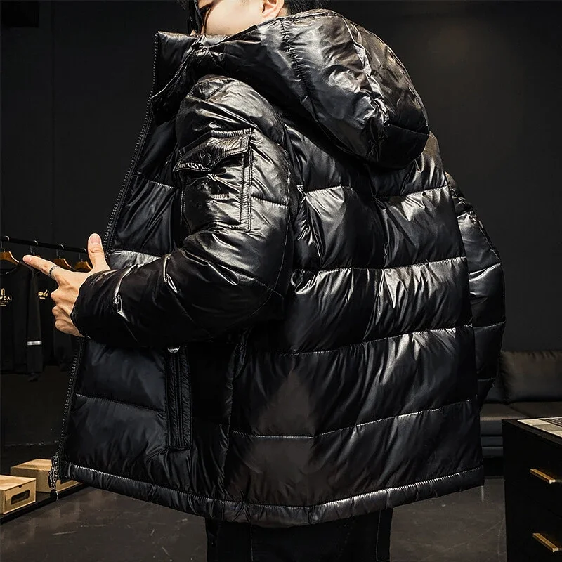 

Waterproof Jackets Warm Cotton Hoodie Coats Winter Glossy Parkas Men Thicken Oversize Parka Black Red Hooded Solid Color Parka