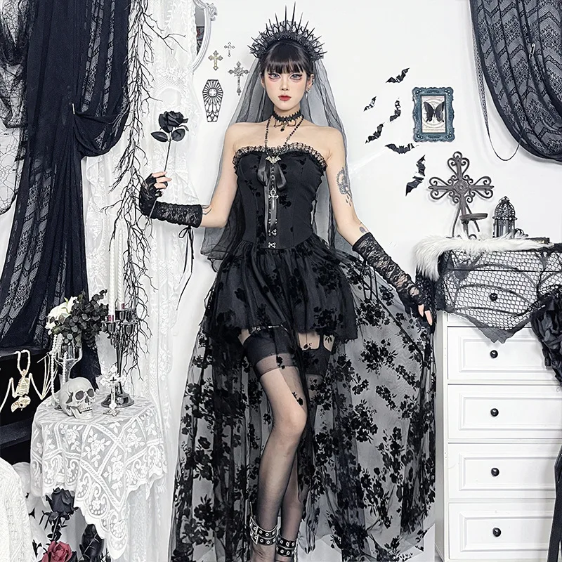 Gothic lange asymmetrische rok Halloween Cosplay k Net Me Doorzichtige Lolita Tube Top Dr Hoge taille Polyester Gebreid...