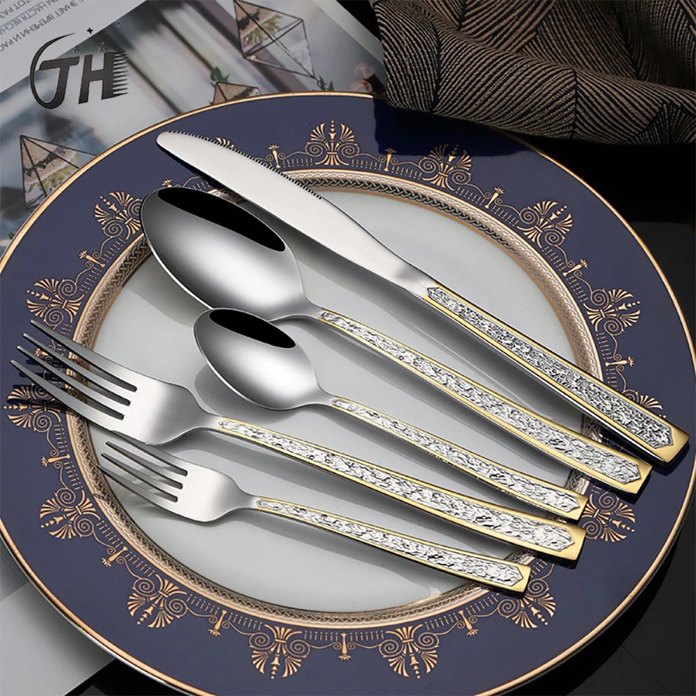 

GH201 Stainless Steel Stone Pattern Western Tableware Knives, Forks and Spoons Four-Piece Set for Restaurant Hotel Home Use