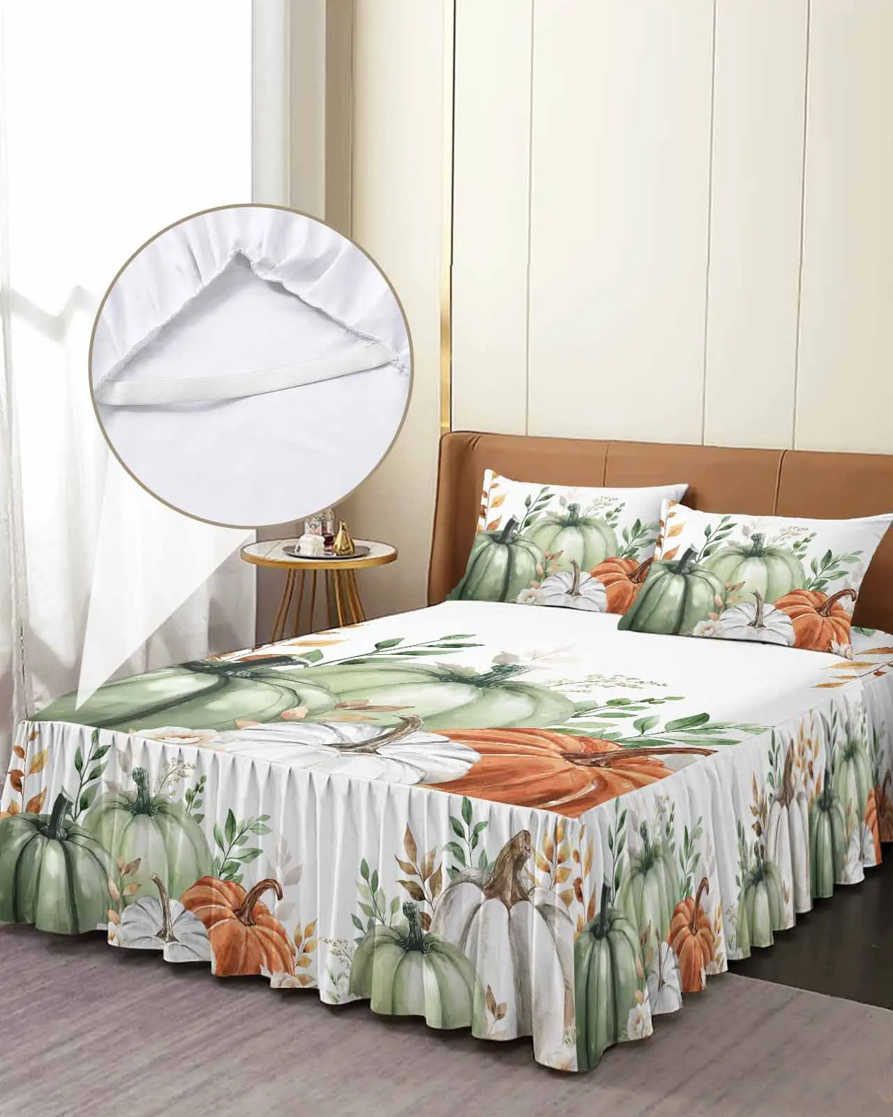 

Thanksgiving Autumn Maple Leaf Pumpkin Skirt Elastic Fitted Bedspread With Pillowcases Mattress Cover Bedding Set Bed Sheet