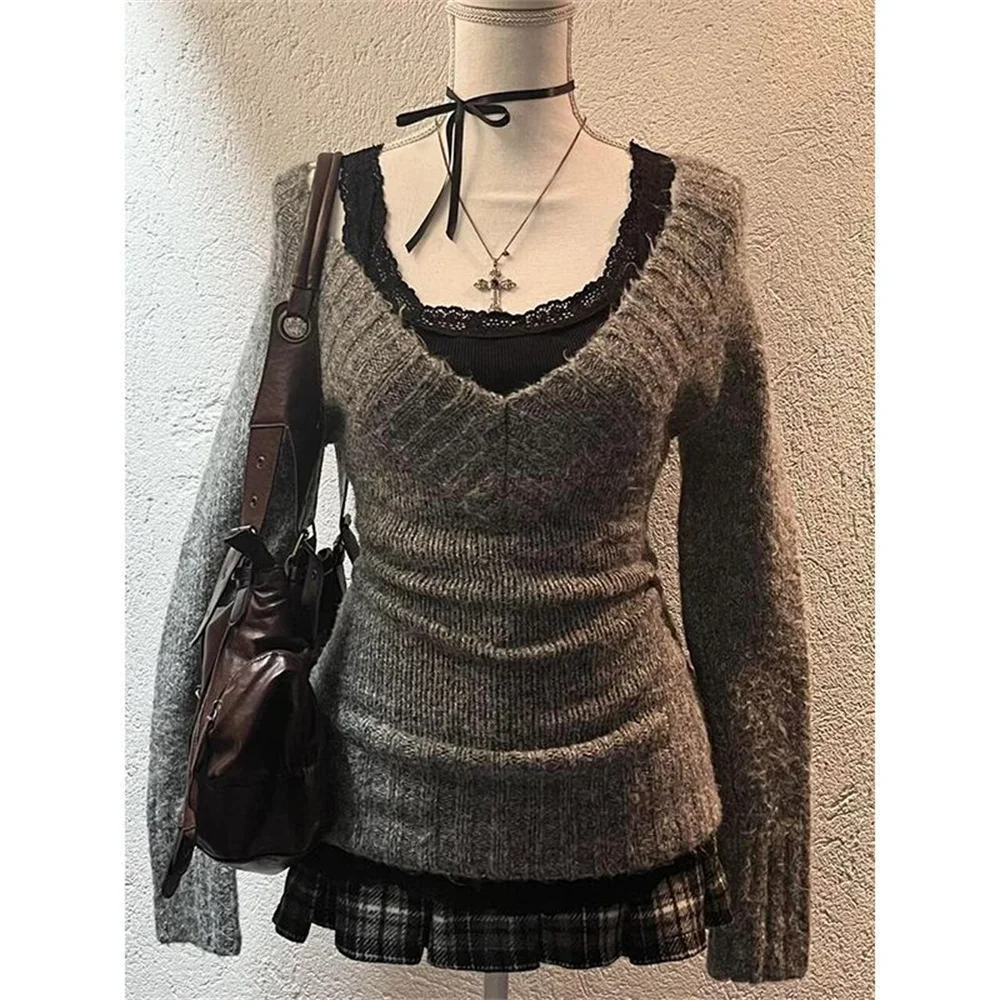 Fashion Vintage V-neck Knitted Tops Women 2025 Early Autumn Winter New Sweaters Slim Long Sleeve Pullovers Lace Vest 2 Piece Set