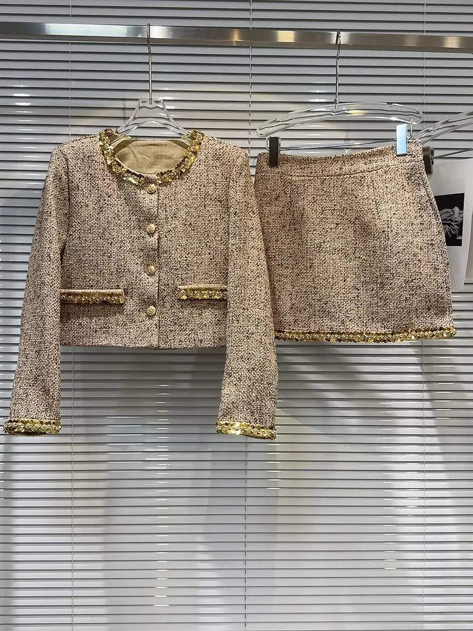 HIGH STREET Newest 2024 Fashion Designer Runway Suit Set Women\'s Golden Sequined Edge Tweed Crop Short Jacket Mini Skirt Suit