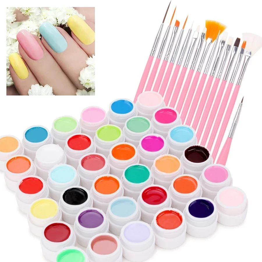 

36 цветов, набор гелевых красок для дизайна ногтей с 15 шт., кисти для рисования ногтей, УФ-светодиод, совместимый набор для дизайна ногтей