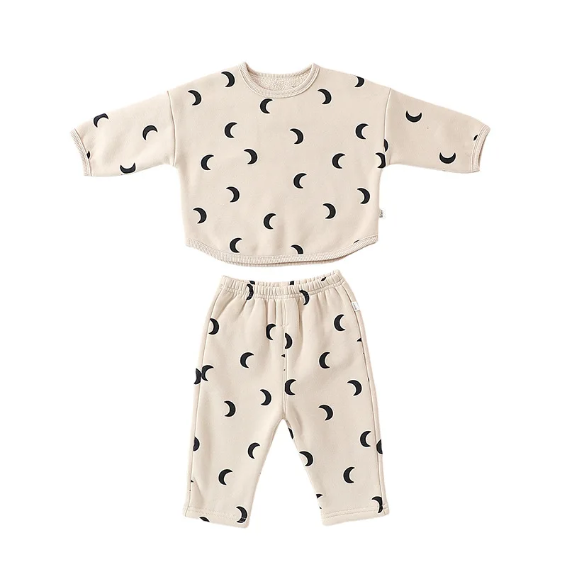 Autumn Winter 2024 Ins Baby Boys 2PCS Clothes Set Long Sleeve Moon Print Pullover Elastic Plush Pants Suit Newborn Boys Outfits