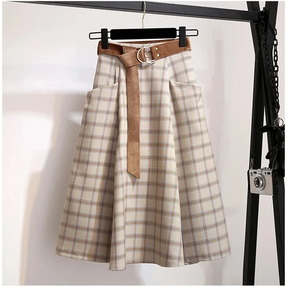 Vintage Plaid Midi Skirt Women High Waist With Belt A Line Casual Office Ladies Long Skirt With Pockets Autumn Winter Streetwear