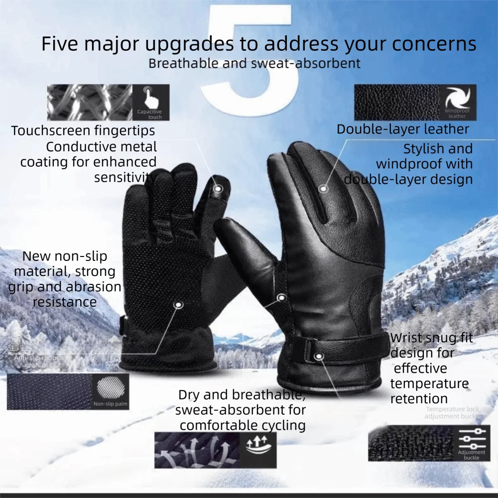 Faux Leather Winter Men Gloves Thick Fleece Lined Windproof Touchscreen Gloves Non-Slip Waterproof Driving Gloves Cold Weather