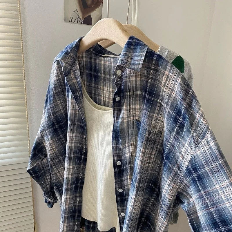 

Blue Plaid Casual irt Men's Summer Faion Sun Protection Outerwear Trendy Large Size 2300 Pou Korean Sle Spring Summer