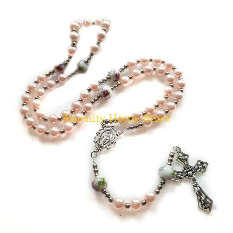F26C Round Glass Beads Rosary Necklace Mary Jesus Crucifix Pendant Religious Necklaces for Men Women Jewelry Charm Gift