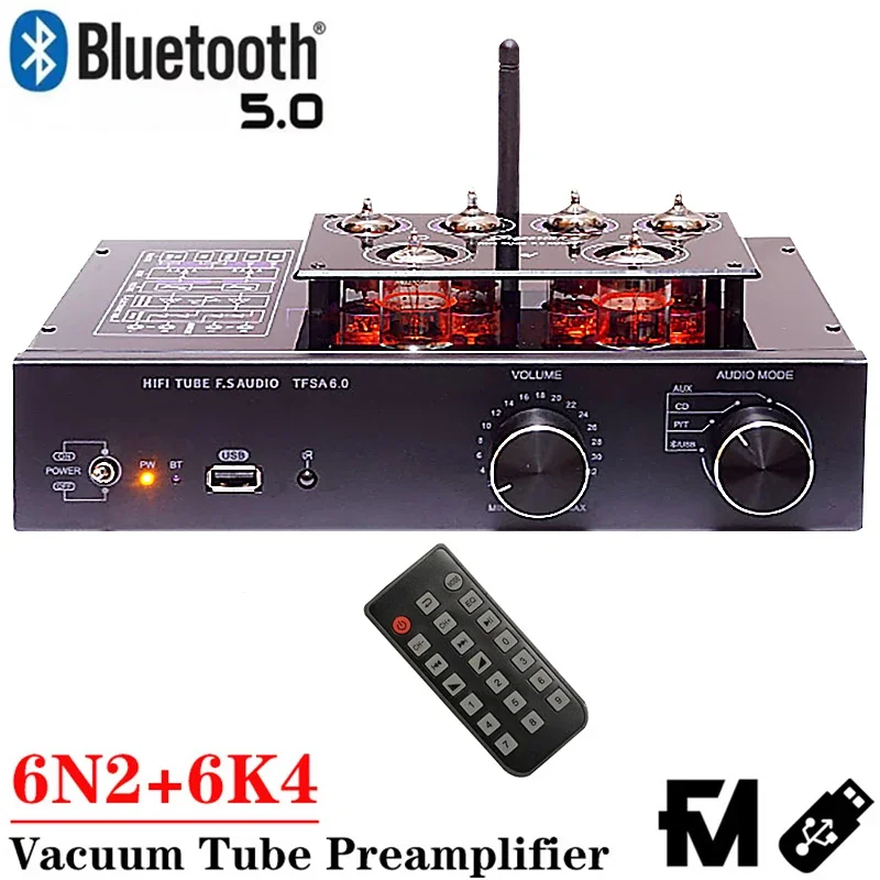 Classic 6922 Line Tube Preamp Bluetooth 5.0 Class A Audiophile 6N2 6K4 Tube HIFI Preamp Vinyl Phono Amplifier USB Lossless Play