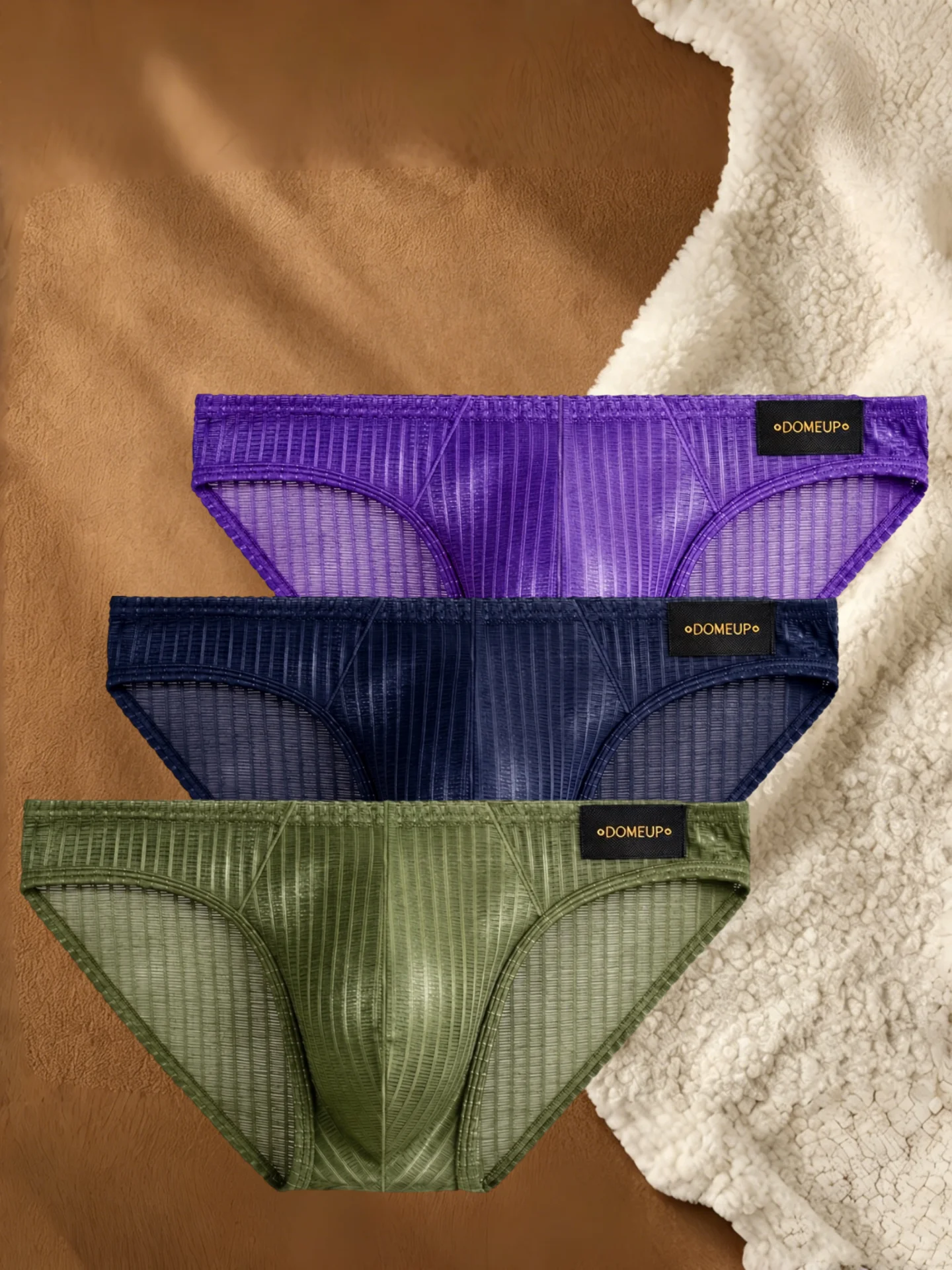 Men's Solid Color Triangle Underwear with Vertical Stripe Texture Breathable Low Waist Comfortable Home Undergarment