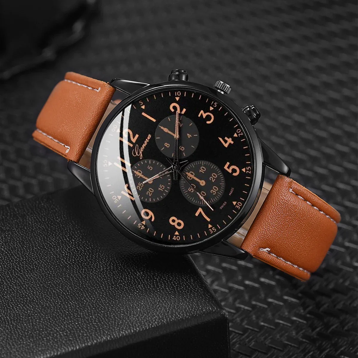 4Pcs/set Men's fashion Trend Brown PU leather quartz watch and bracelet set