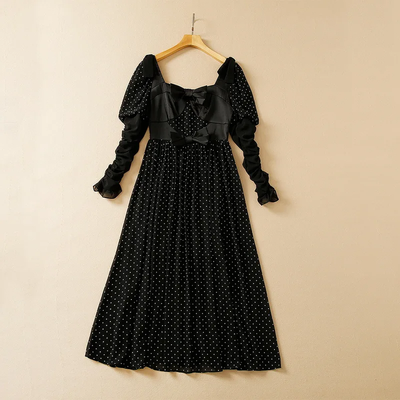

European and American women's summer 2022 new Long sleeve bow tie square collar polka dot printing fashion Pleated dress