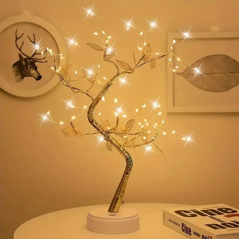 1PC Golden Leaf Tree Lamp, 72 LED Copper Wire String Lights, USB or Battery Powered with Touch Switch, 2-Mode for Home Decor