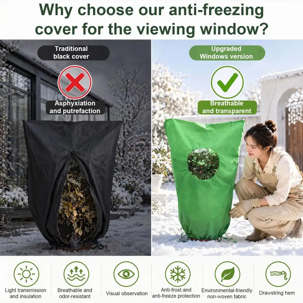 Winter Freeze Protection for Shrubs Plant Cover with Window Durable Zipper Reusable Drawstring Frost Protection for Garden
