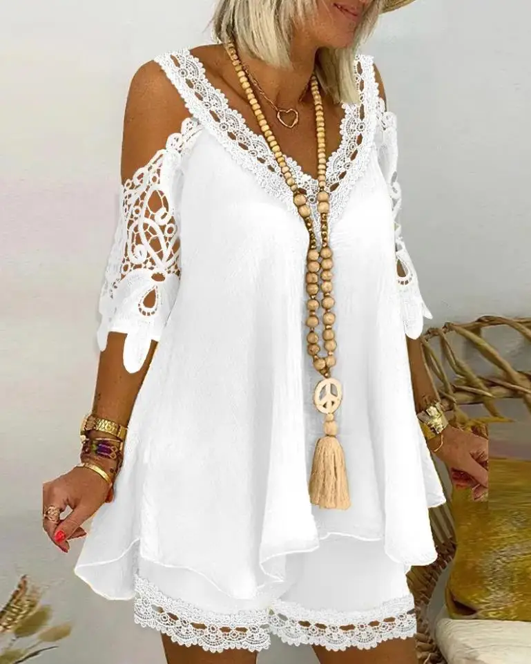 Women's Two-Piece A Sense of niche Design Contrast Lace Cold Shoulder Flowy Top & Shorts Set 2023 Summer New arrival Hot Sale