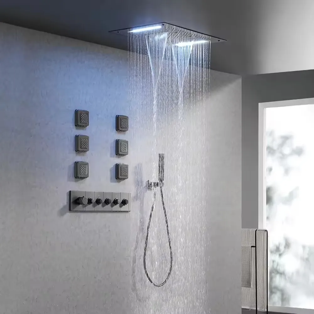 Gray 23.5*15.7inch inchconcealed ceiling shower set five function constant temperature button switch with sprayer Hidden shower