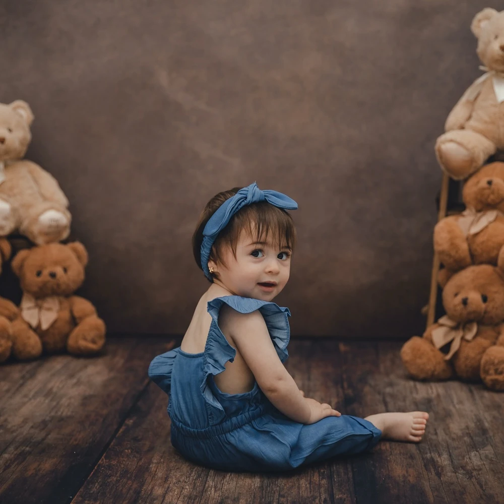 Newborn Photo Props Baby Girl Blue Ruffle Denim Romper Bunny Headband Set Soft Infant Photography Outfit Baby Shower Gift
