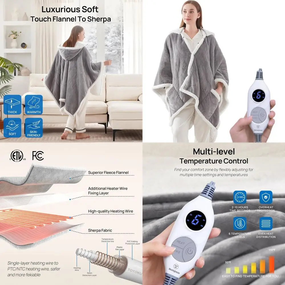 

6-Level Electric Heated Shawl Blanket with Pockets, 2-10H Timer, 50x60 Light Grey