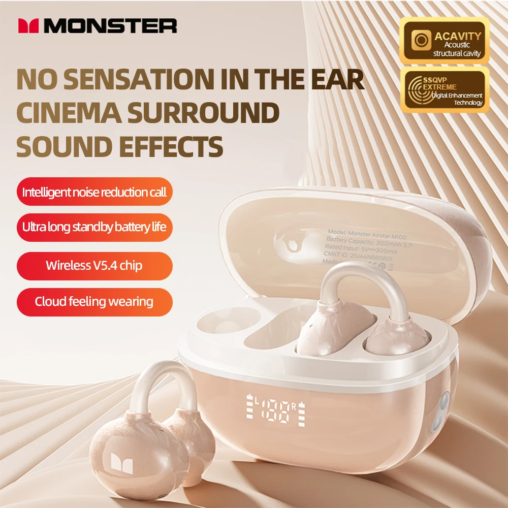 

Monster AIRSTAR M100 Наушники-вкладыши с зажимом для ушей Беспроводные наушники Bluetooth 5.4 Высокопроизводительные спортивные наушники MEMS Calls с микрофоном