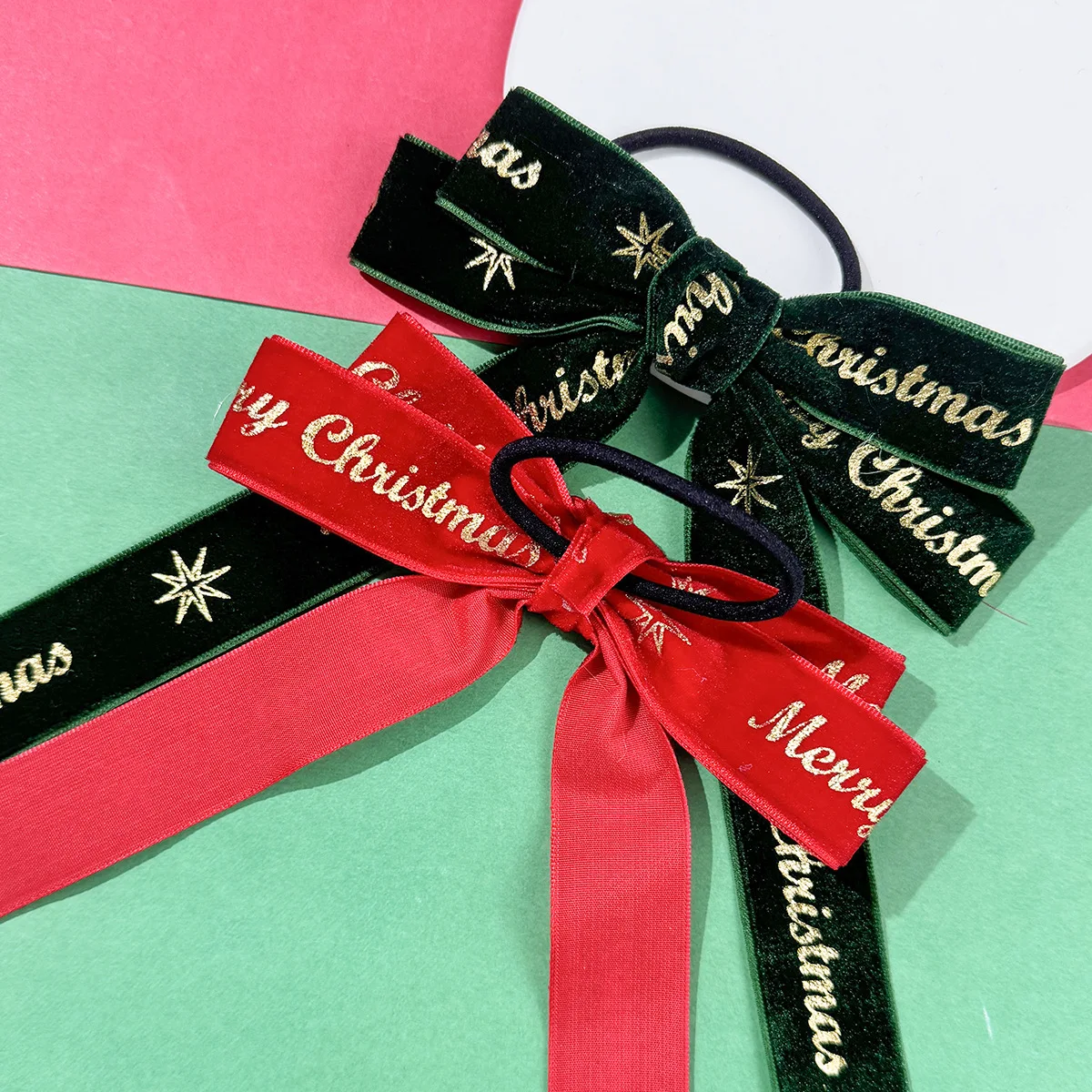Velvet Bow Hair Clips for Women and Girls, Long Tassel, Glitter, Christmas Letter Prints, Hairgrips, Themed, Bulk Pack, 24Pcs