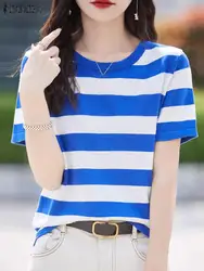 ZANZEA Korean Style Striped T-shirts Women Elegant Casual O Neck Short Sleeve Blusas Mujer 2024 Summer Daily Commute Blouse Tops