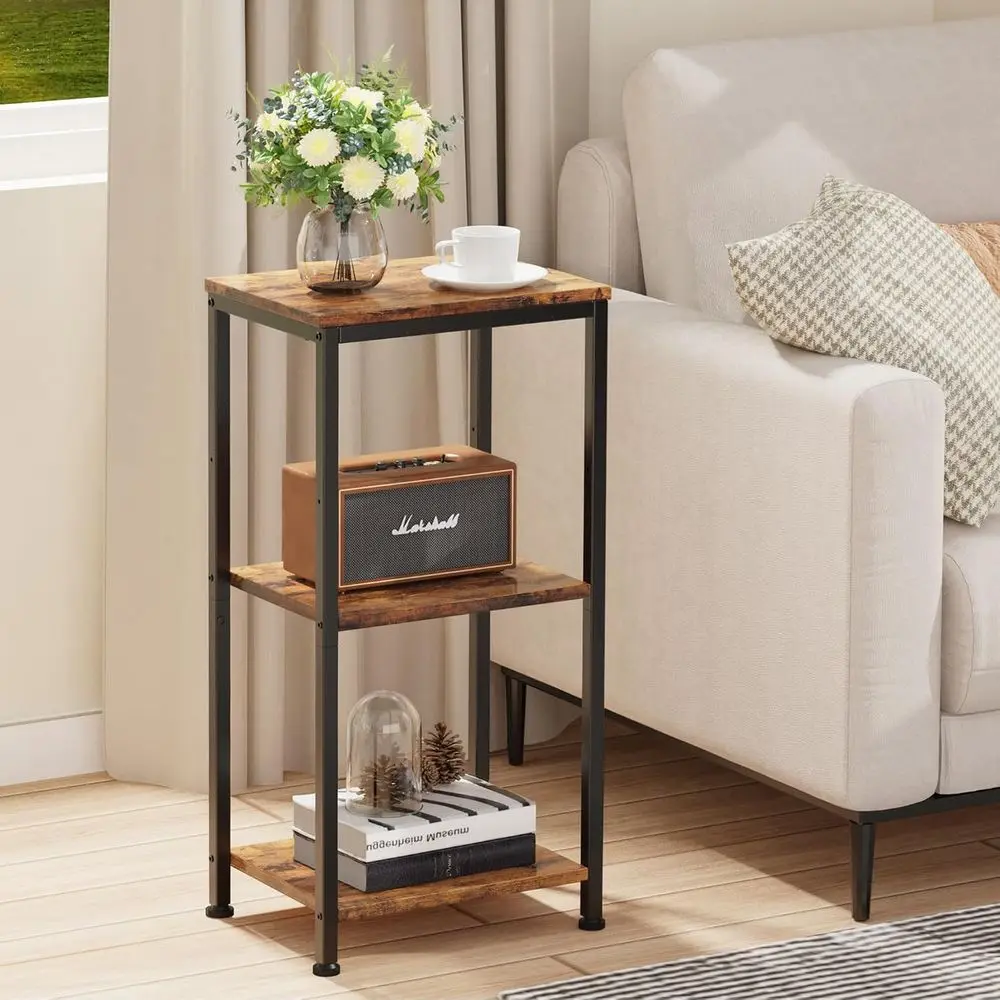 Compact 3-Tier Storage Side Table for Small Spaces, Rustic Brown Finish