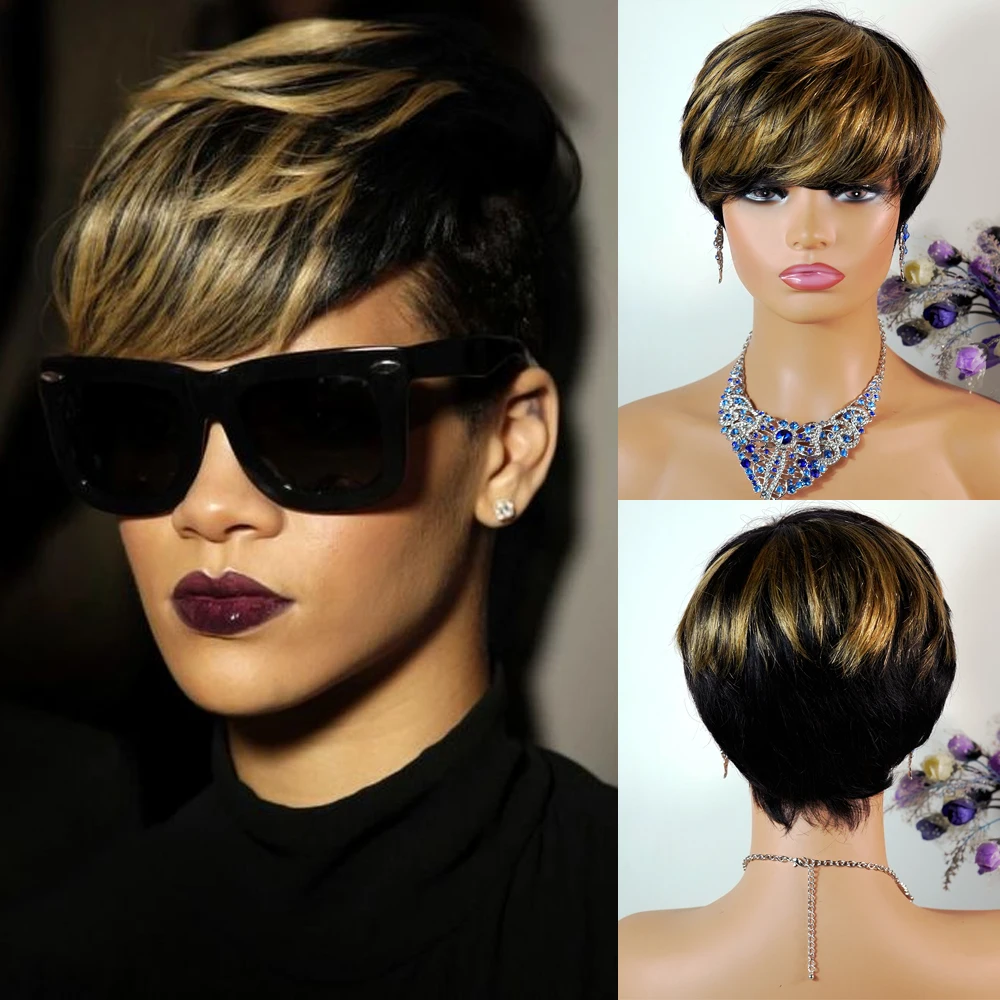 Golden Mixed Black Human Hair Wigs With Bangs Short Layered Human Hair Fashion Pixie Cut Hair Wigs for Women Machine Made Wigs