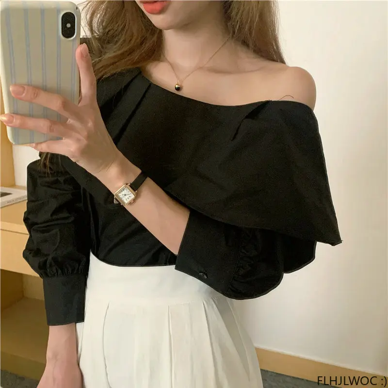 2023 New Hot Woman Chic Korea Japan Girls Sexy Shirts Blouses Retro White Black Layer Ruffles Off Shoulder Tops