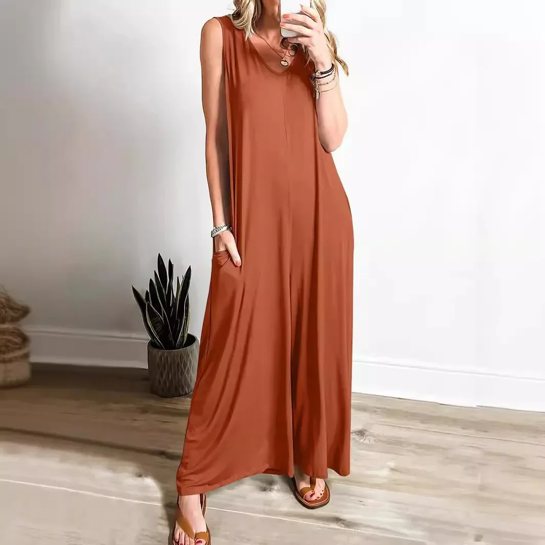 

Women's Summer New Fashion Fresh Casual Pocket Jumpsuit Thin V-neck Sleeveless Loose Pocket Straight Leg Jumpsuit Wide Leg Pants