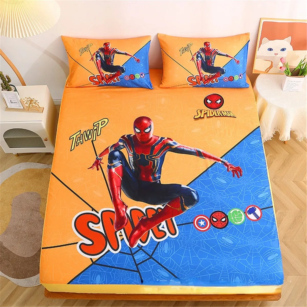 Spiderman Blue Fitted Sheet,Boy\'s Single Bedding Set,Anime Boys Fitted Sheet Box Spring Bed,Suitable for mattresses 5-30cm high