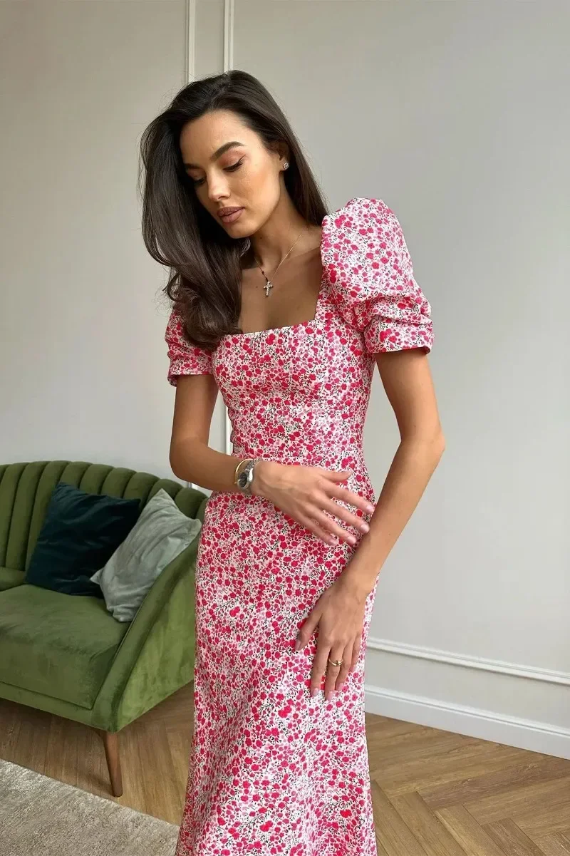 

Fashion Womens Summer Midi Dress Casual Short Puff Sleeve Floral Print A-Line Dress Elegant Flowy Dress Y2k Clothing