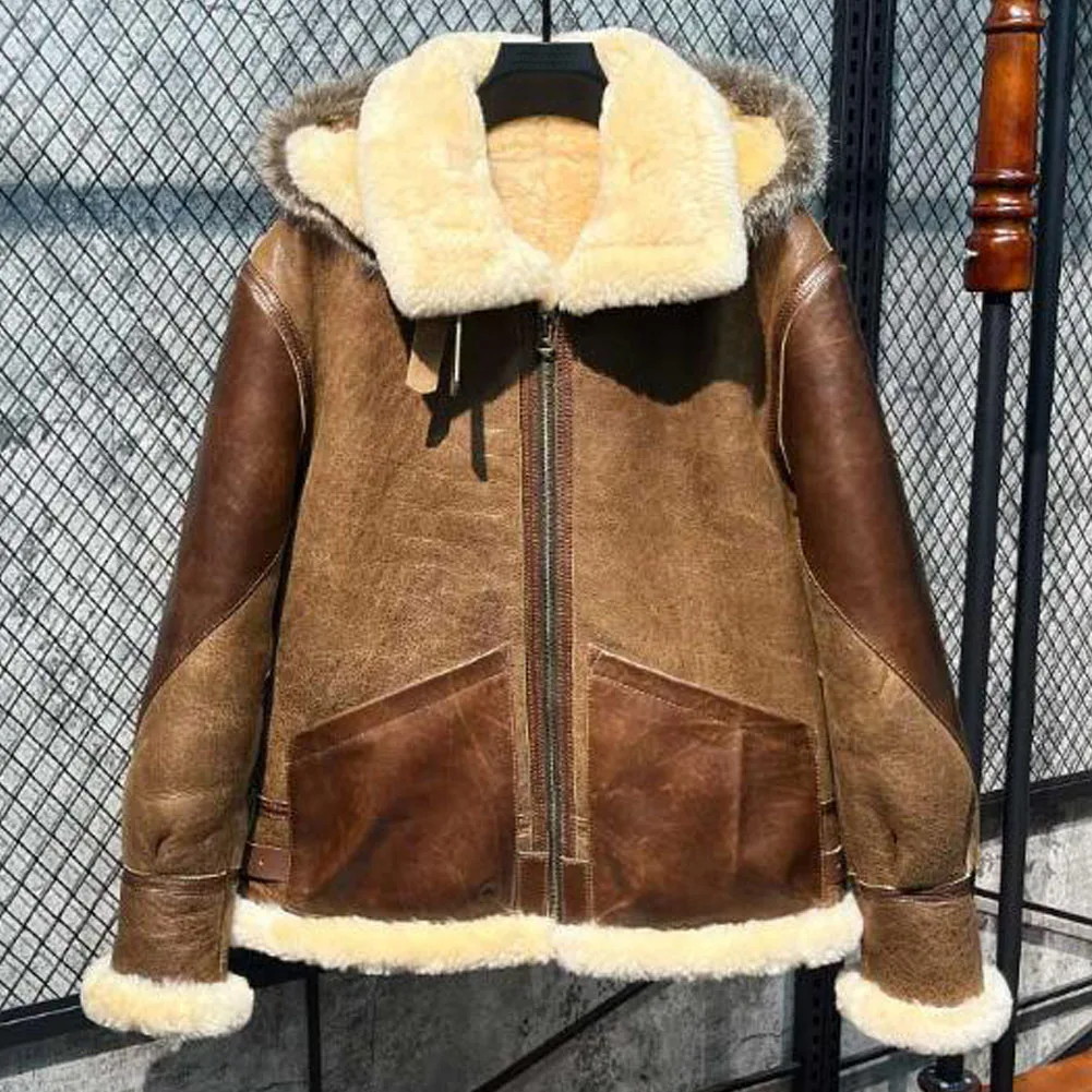 Denny&Dora Real Shearling Jacket Mens Fur Bomber Jacket Short Sheepskin Coat For Men