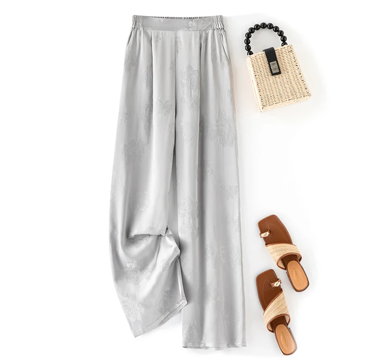 30MM Heavy Weight 100% Natural Mulberry Silk Jacquard HuaLuo Women's Elastic Waist Loose Silver Gray Straight Tube Drop Pants