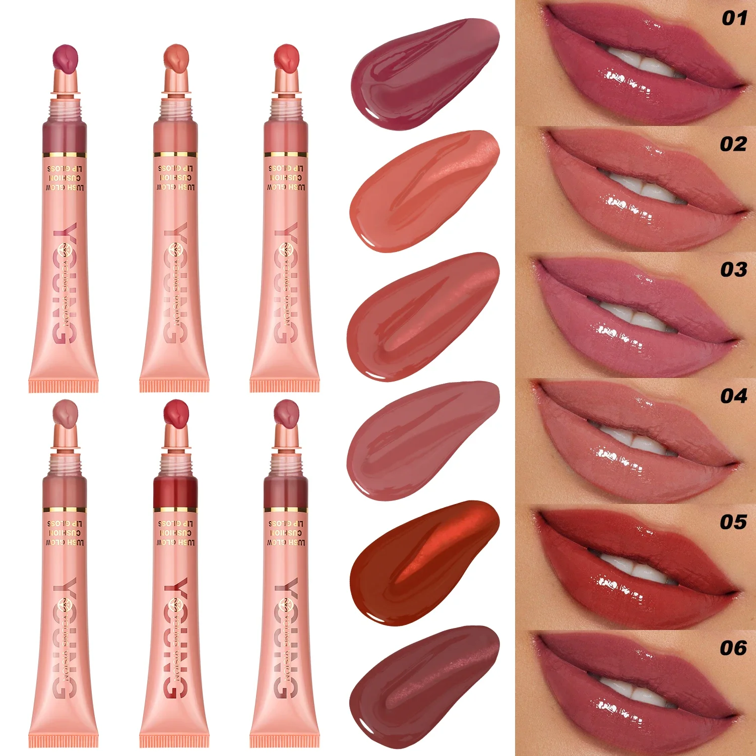 YOUNG VISION  6 color Liquid Water Brightening Lip Color Plush Brush Head Squeezing Lip Color Moisturizing  Lip Glaze