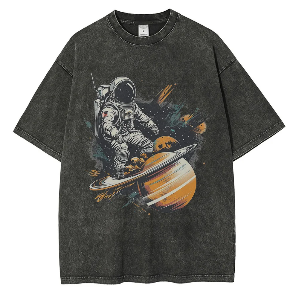 Astronaut Rides on Rocket Print Graphic T Shirts for Men Drop Shoulder Vintage Oversized T Shirt Heavy Pure Cotton Men\'s Tops