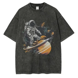 Astronaut Rides on Rocket Print Graphic T Shirts for Men Drop Shoulder Vintage Oversized T Shirt Heavy Pure Cotton Men's Tops