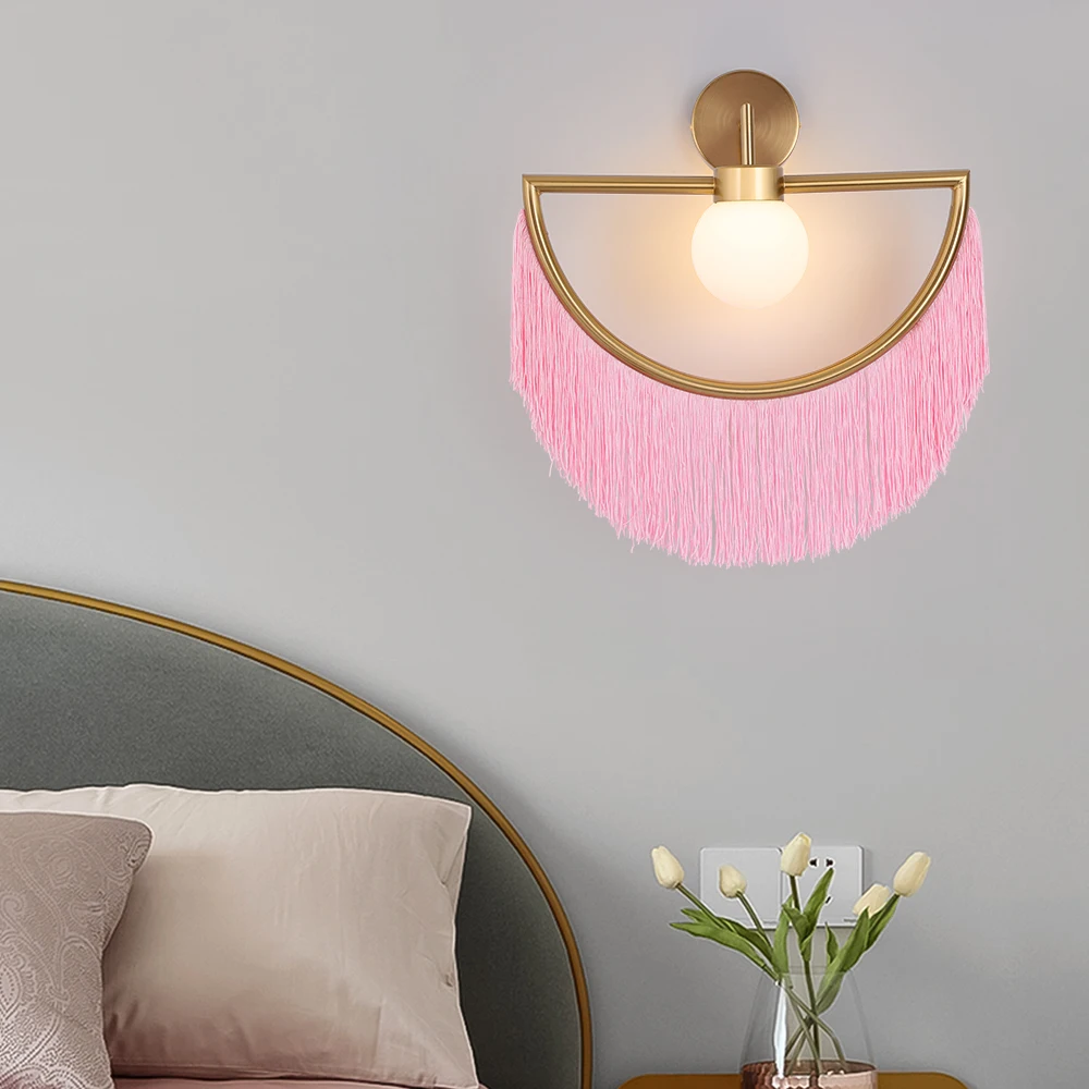 Nordic Designer Tassel Glass Ball Wall Lights Fix Pink Lamp Ins Hot Girl Wall Sconces For Living Room Bedroom Hotel Led Fixtures