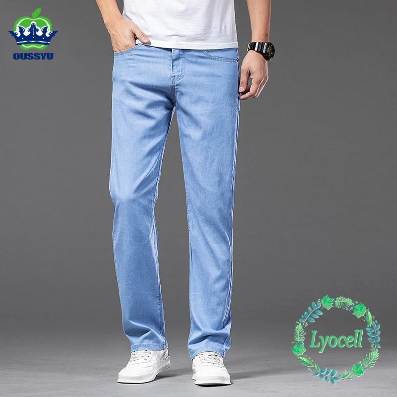 Lyocell-pantalones vaqueros de verano para hombre, Jeans elásticos rectos, delgados, azul claro, clásicos, talla grande 40 42 44