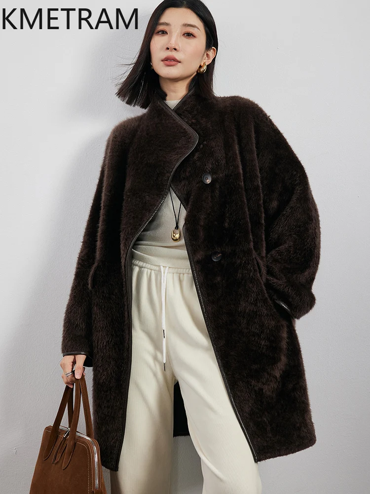 Natural Merino Wool Sheepskin Double Faced Fur Jacket Woman Dark Brown Mid Length Real Fur Coat 2025 Winter Clothes Women шуба