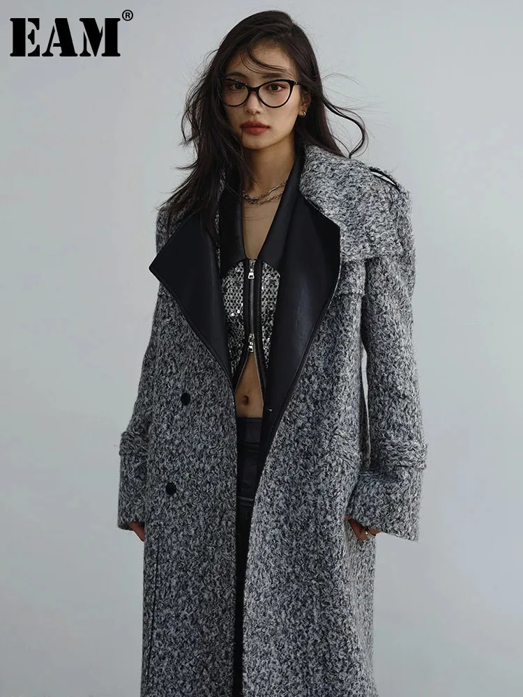 [EAM] Silver Gray Big Size Long Elegant  Woolen Coat New Lapel Long Sleeve Women Jacket Fashion Tide Autumn Winter 2024 1DH3204