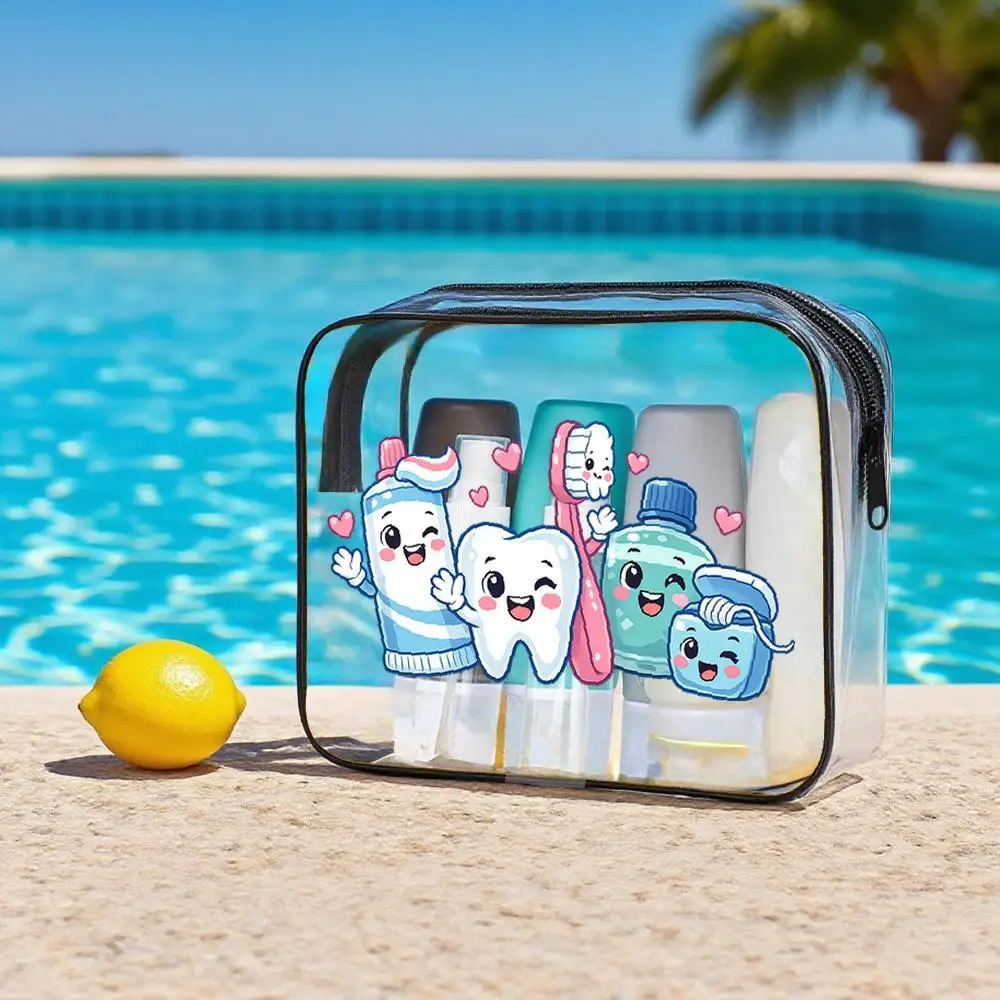 

Toiletry Bag Cartoon Tooth Dental Supplies Clear PVC Zipper Cosmetic Bag Kawaii Cute Style With Pink Heart Accents Portable Tra