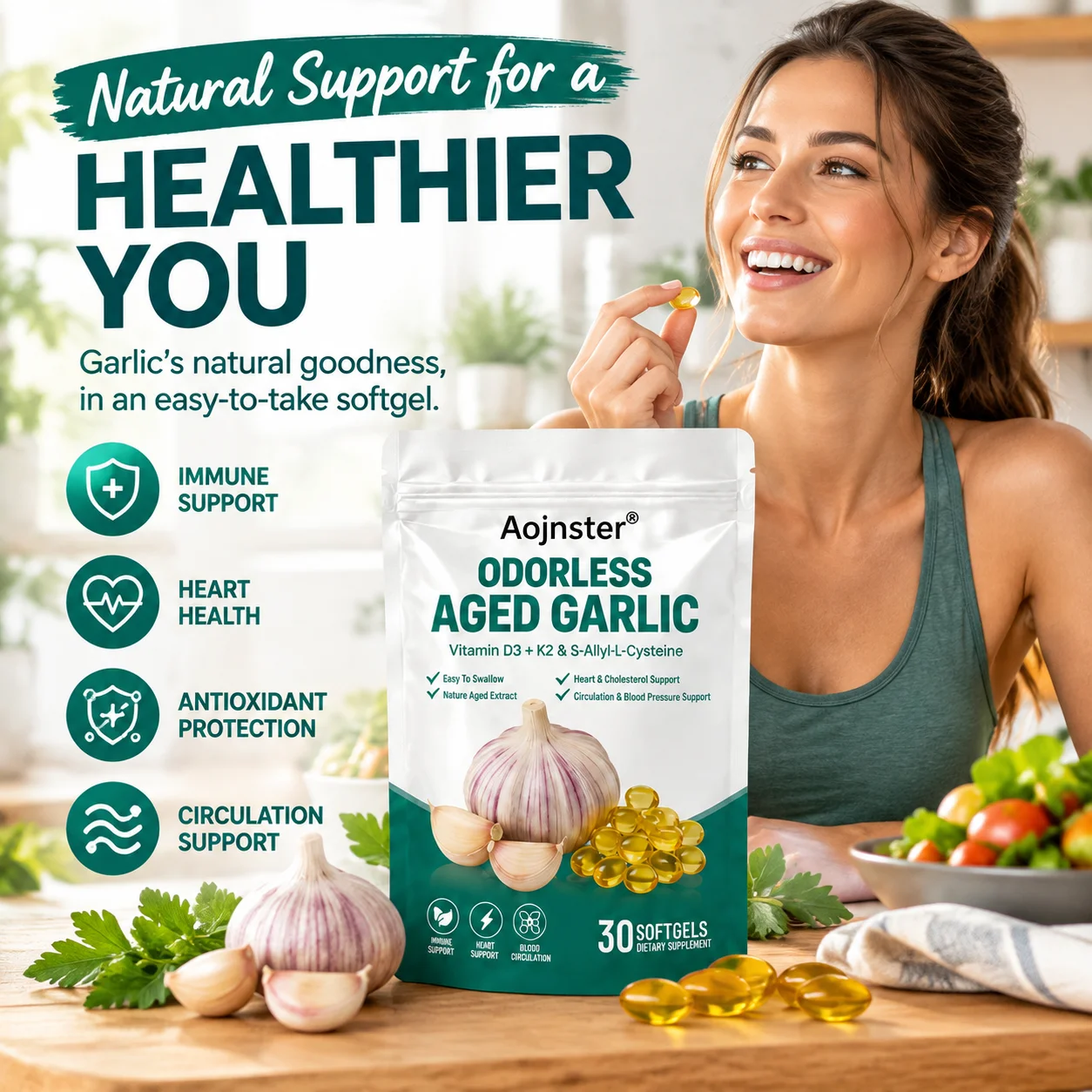 Odorless Aged Garlic Softgels with Vitamin D3 K2 & S-Allyl-L-Cysteine,Natural Aged Garlic Extract for Nutrition Support