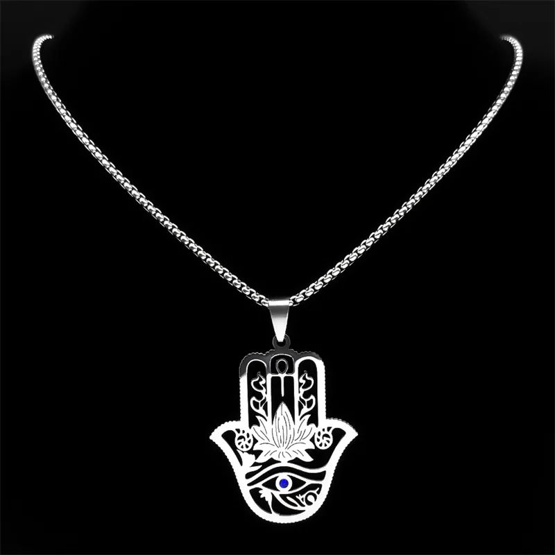 Hamsa Hand Ankh Lotus Necklace for Women Men Stainless Steel Silver Color Egypt Eye of Horus Necklaces Jewelry N8075S02
